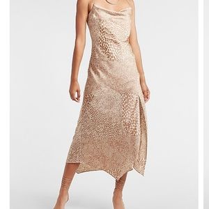 SATIN ANIMAL PRINT COWL NECK MIDI SLIP DRESS